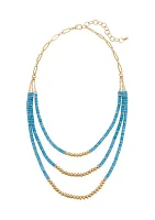 Gold Tone Layered 3 Row Blue Beaded Frontal Necklace