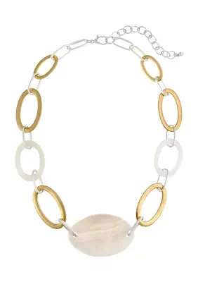 Two Tone Short Open Oval Link with White Mop Oval Shell Center Necklace 