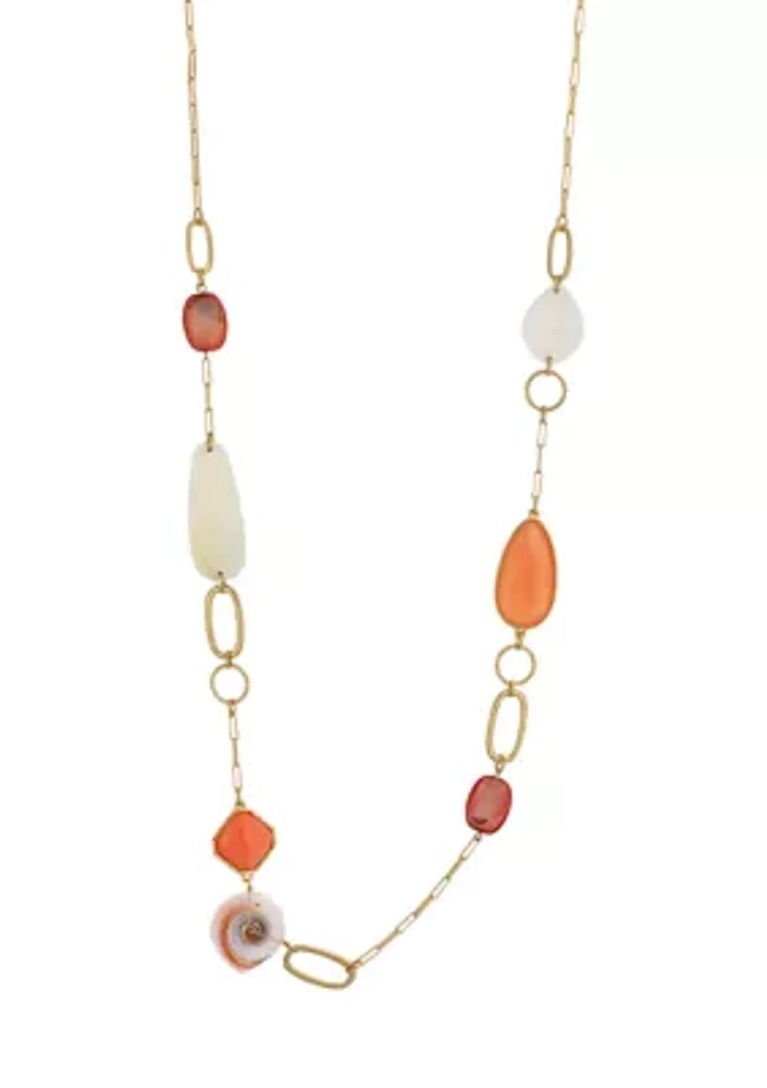 Gold Tone Long Linked Coral and White Multi Necklace