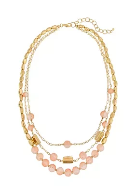 Gold Tone Short Triple Row Coral Beaded Necklace