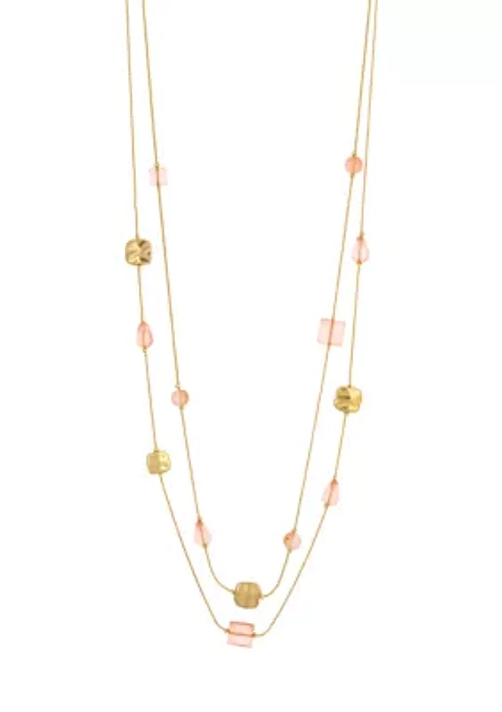 Gold Tone Long Double Row Coral Beaded Illusion Necklace