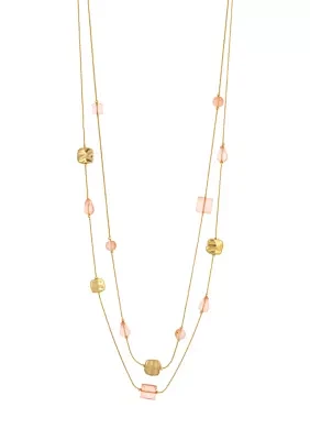 Gold Tone Long Double Row Coral Beaded Illusion Necklace