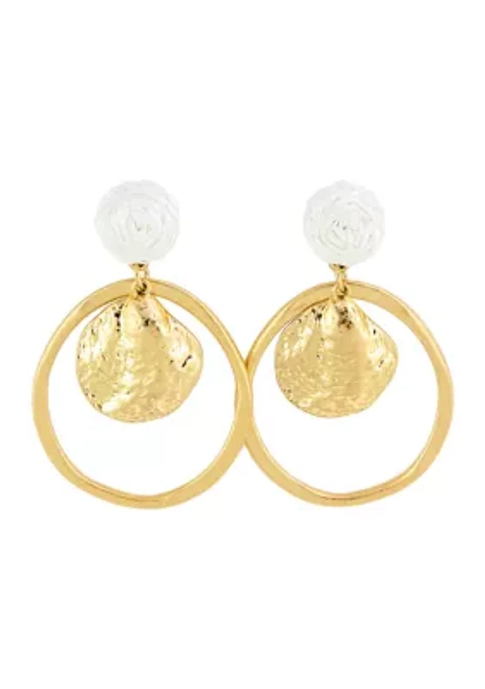 Gold Tone White Post Top with Orbital Shell Center Drop Earrings