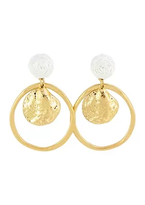 Gold Tone White Post Top with Orbital Shell Center Drop Earrings