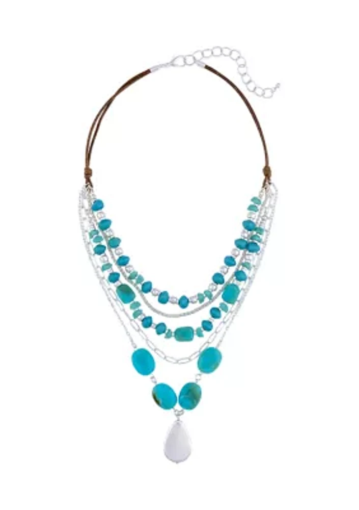 Silver Tone Turquoise Multi Layer Short Necklace with Teardrop Necklace