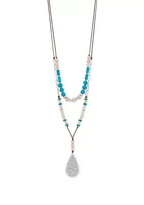 Silver Tone Double Row  Turquoise Multi Beaded Necklace