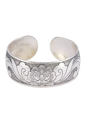 Silver Tone Etched Wide Cuff Bracelet