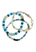 Two Tone Triple Row Multi Tone Blue Beaded Stretch Bracelet - Set of 3