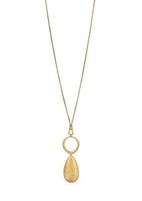 Gold Tone Long Open Ring with Oval Disc Pendant Necklace