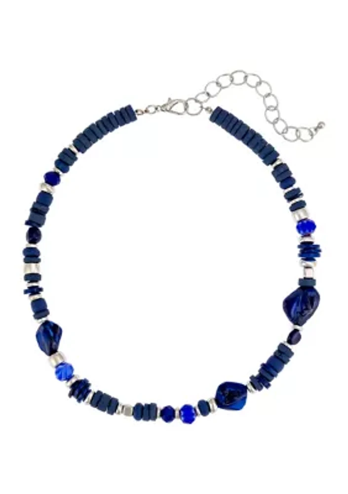 Silver Tone Single Row Mixed Blue Bead Necklace