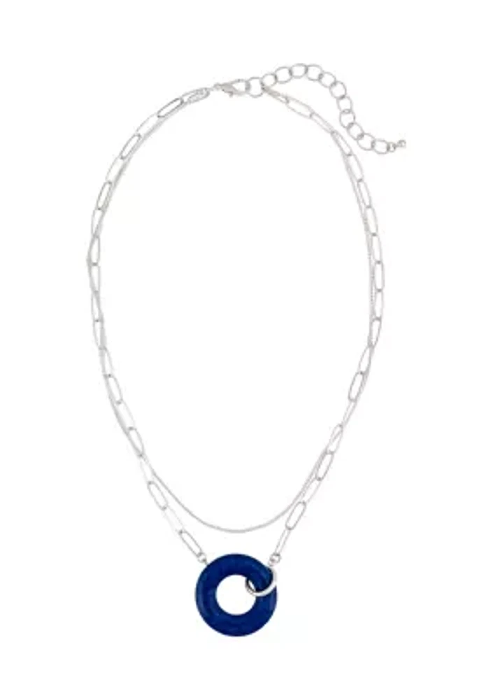 Silver Tone 2 Row Open Link Chain Blue Donut Pendant Necklace