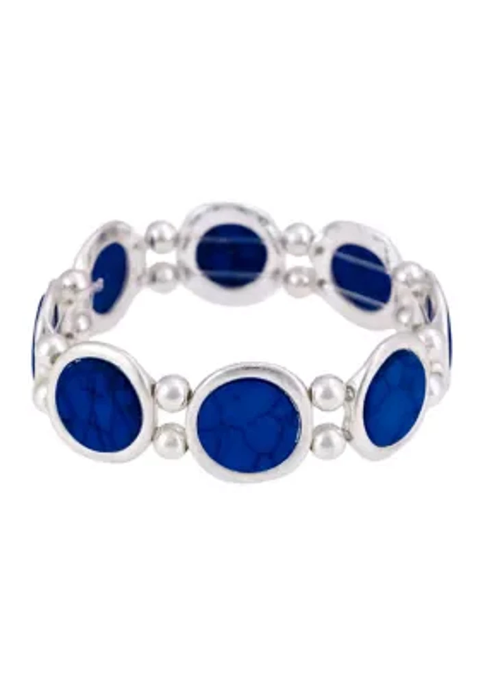 Silver Tone Blue Framed Disc Stretch Bracelet