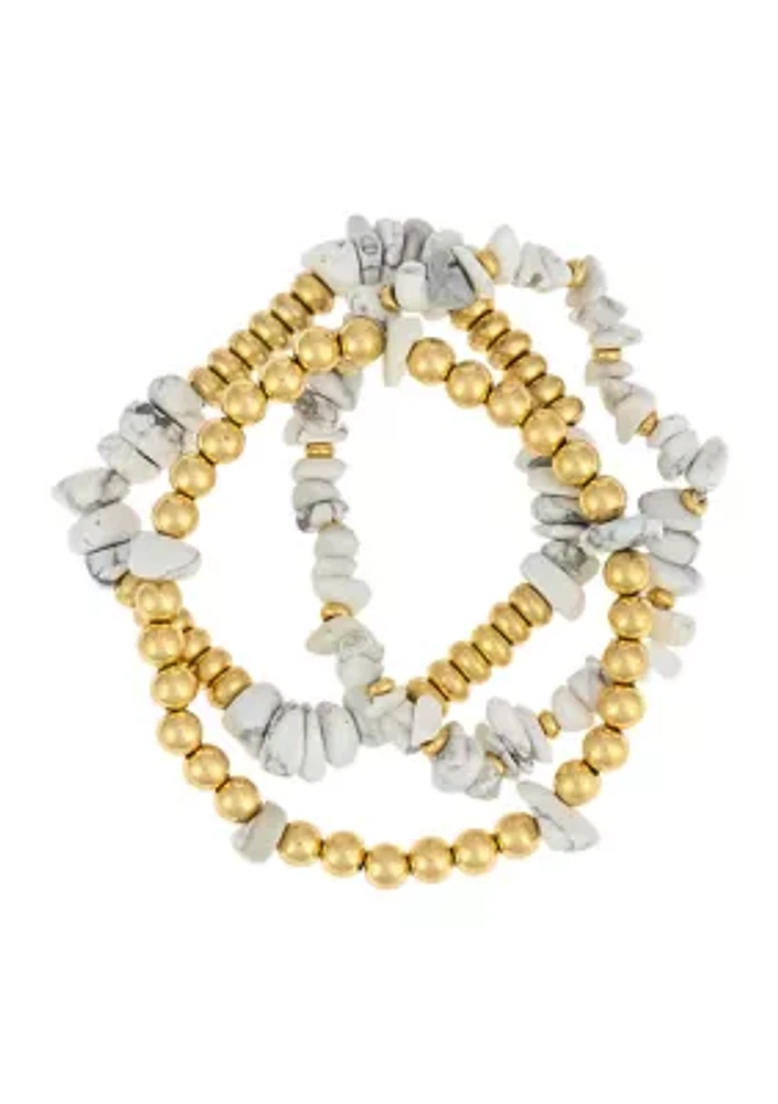 Gold Tone 3 Row White Beaded Stretch Bracelet Set