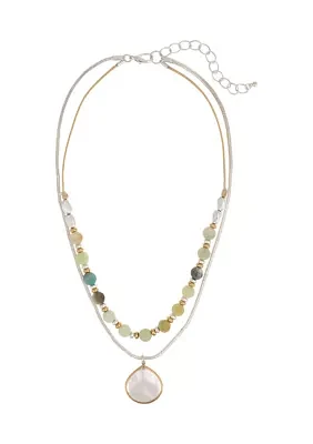 Two Tone 2 Row Layered Multi Green Beads and Teardrop Pendant Drop Necklace