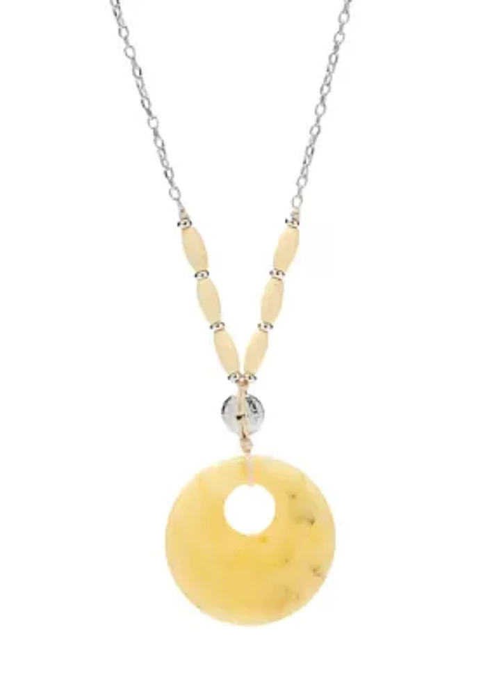 Silver Tone Long  Yellow Stone Donut Pendant Necklace