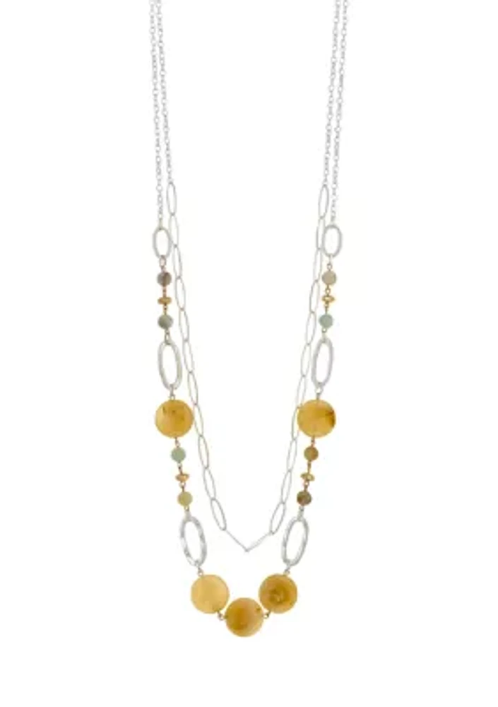 Two Tone Long 2 Row Linked with Yellow Multi Bead Necklace