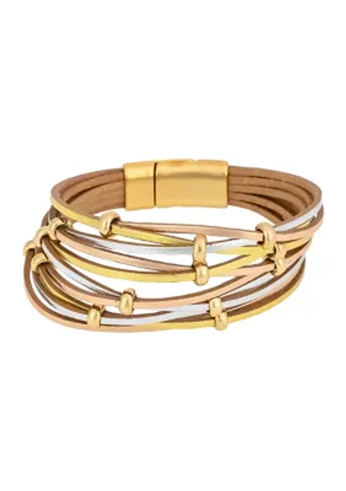 Gold Tone Multi Row Leather Bracelet