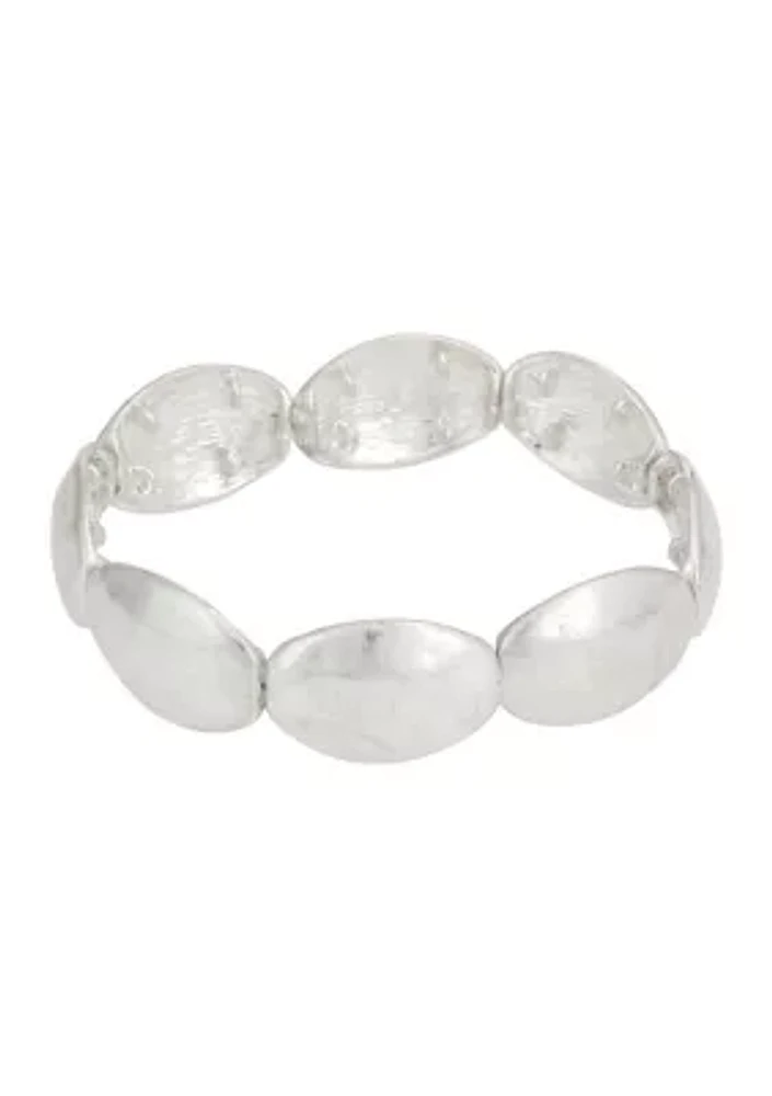 Silver Tone Hammered Oval Stretch Bracelet