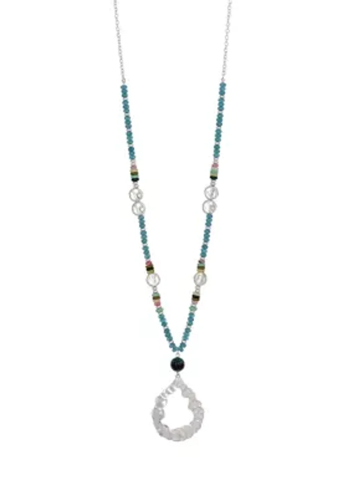 Silver Tone Long Multi Beaded Open Teardrop Pendant Necklace