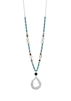 Silver Tone Long Multi Beaded Open Teardrop Pendant Necklace