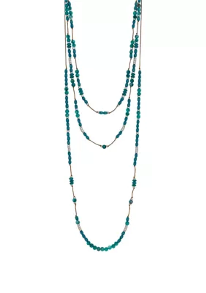 Silver Tone Layered 3 Row Teal Bead Stations on Cord Necklace