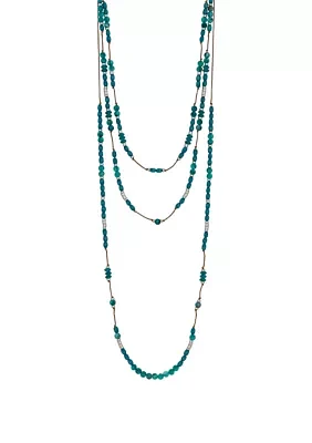 Silver Tone Layered 3 Row Teal Bead Stations on Cord Necklace