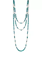 Silver Tone Layered 3 Row Teal Bead Stations on Cord Necklace