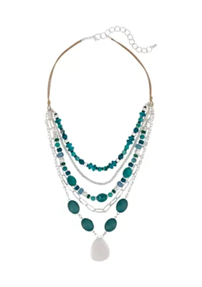 Silver Tone Extender Multi Row Layered Teal Beaded Necklace