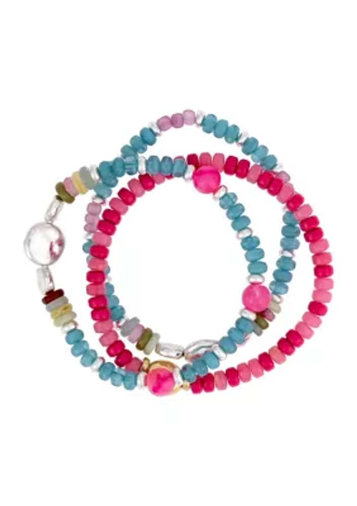 Two-Tone 3 Row Multi  Beaded Stretch Bracelet Set