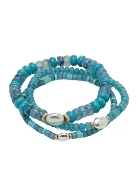 Two-Tone 3 Row Multi Teal Beaded Stretch Bracelet Set