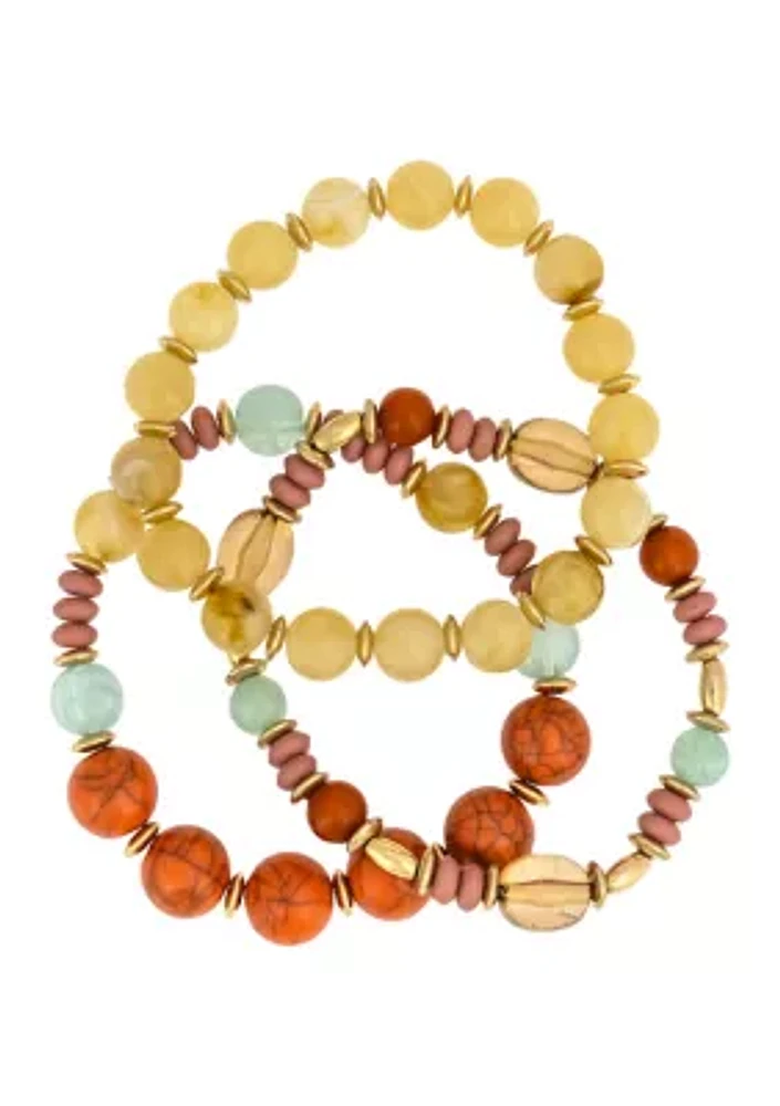 Gold Tone 3 Row Beaded Stretch Bracelet Set