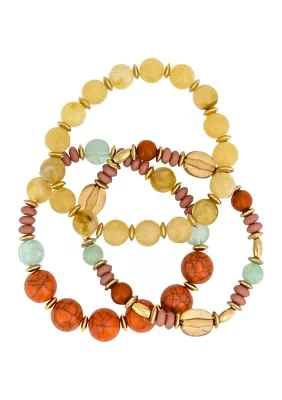 Gold Tone 3 Row Multi Beaded Stretch Bracelet Set