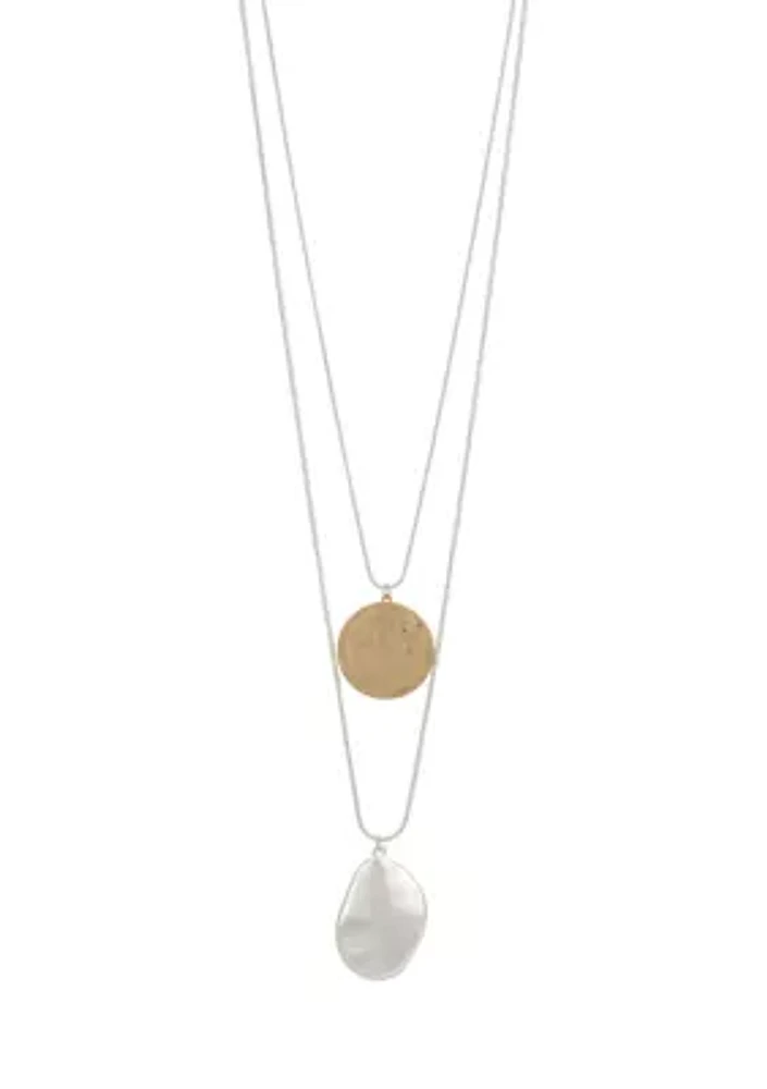 Two Tone 2 Row Layered with Disc Pendant Drops Necklace 