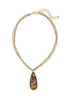 Gold Tone Elongated Look of Abalone Teardrop Pendant on Multi Row Chain Necklace