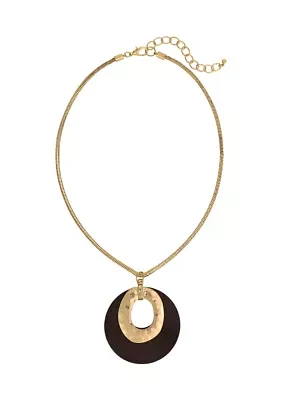 Gold Tone Short Donut Shaped Wood Pendant with Hammered Metal Inner Lining Necklace