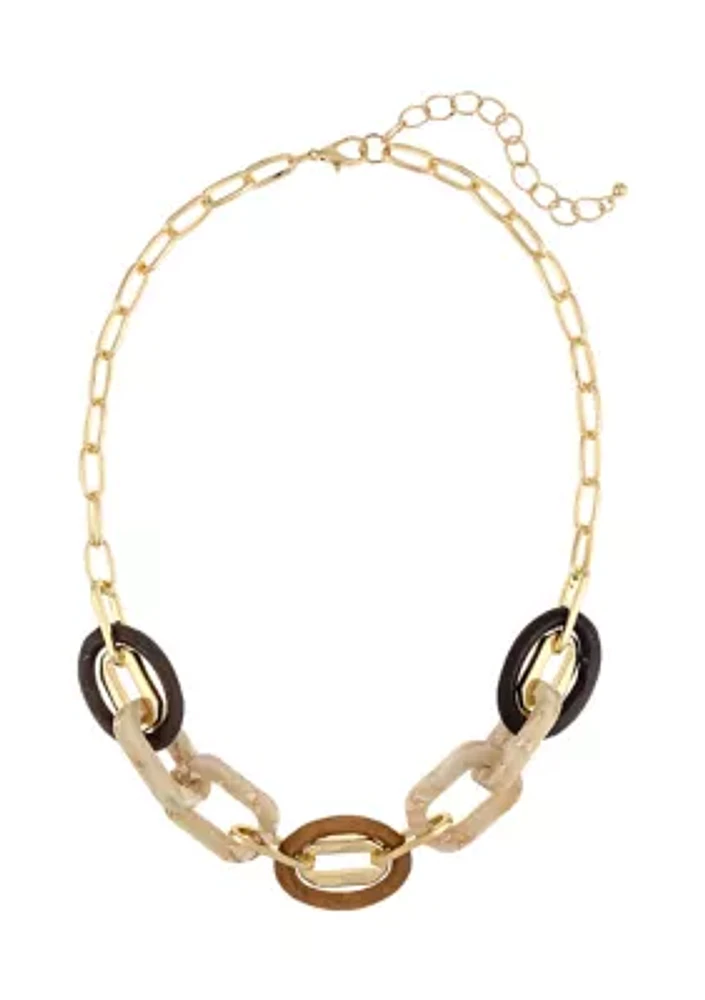 Gold Tone Multi Tone Wood and Acrylic Link Frontal Necklace