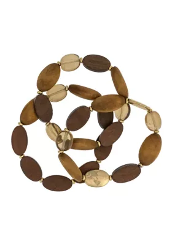 Gold Tone 3 Row Oval Multi Tone Wood Beaded Stretch Bracelet - Set of 3