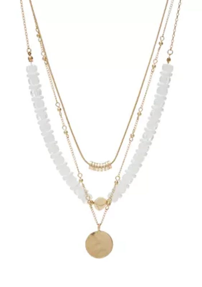 Gold-Tone 3 Row Layered with White Beads and Hammered Disc Drop Necklace