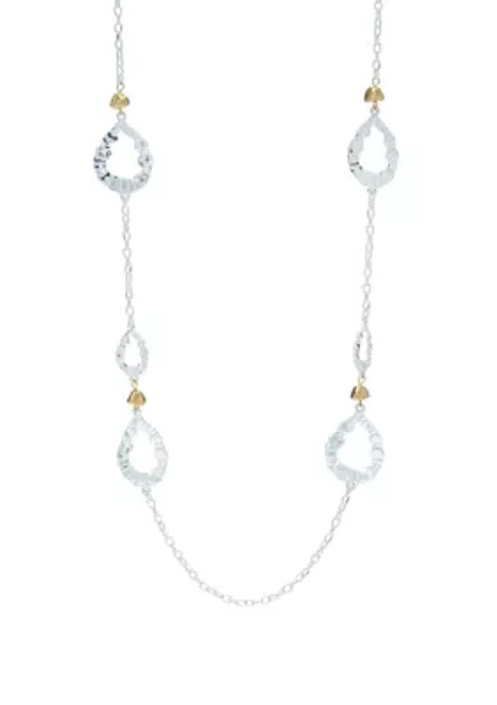 Two Tone Linked with Open Teardrop Stations Necklace