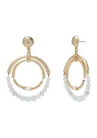 Gold-Tone With Double Rings and White Bead Accents Post Earrings 