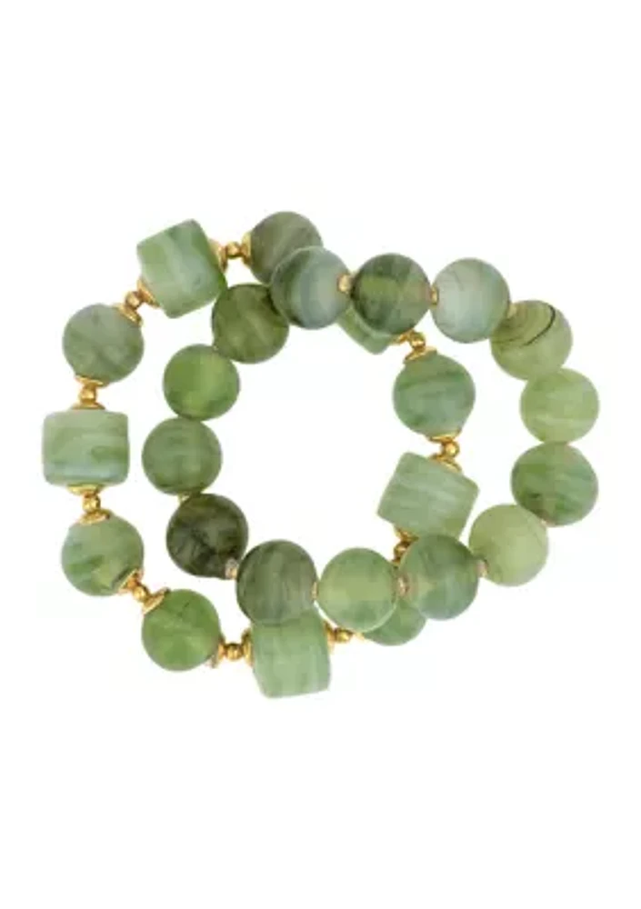 Gold Tone 2 Row Green Beaded Stretch Bracelet Set