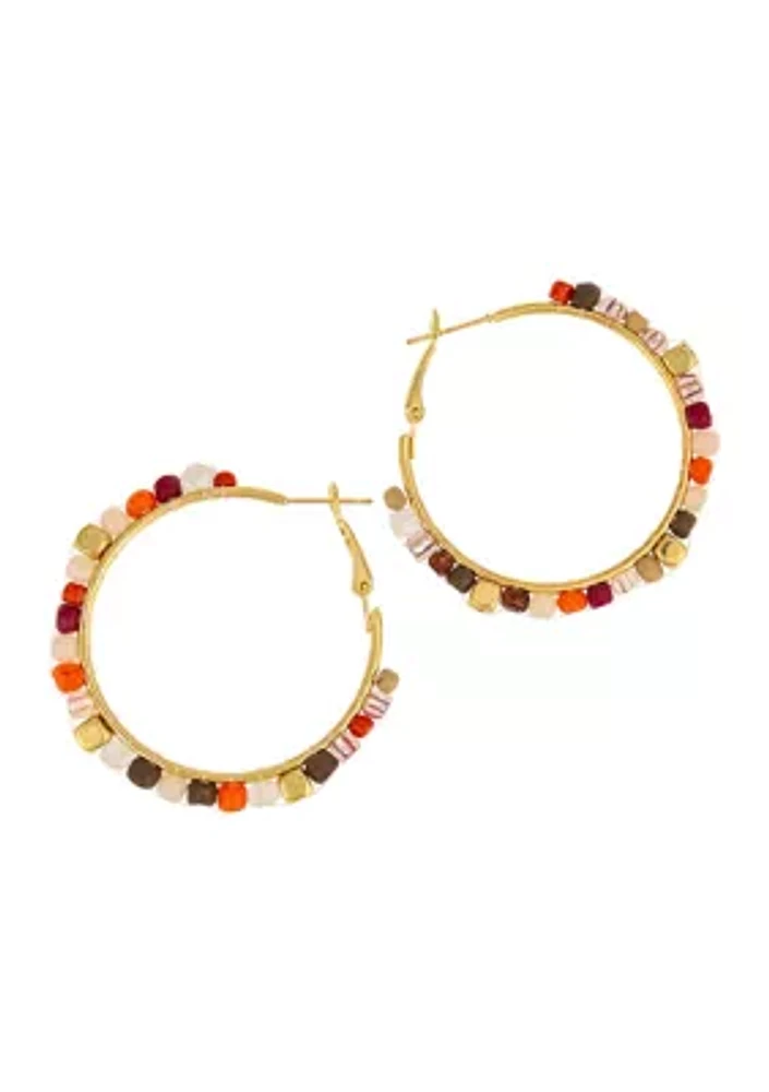 Gold-Tone Woven Multi Colored Beaded Hoop Earrings