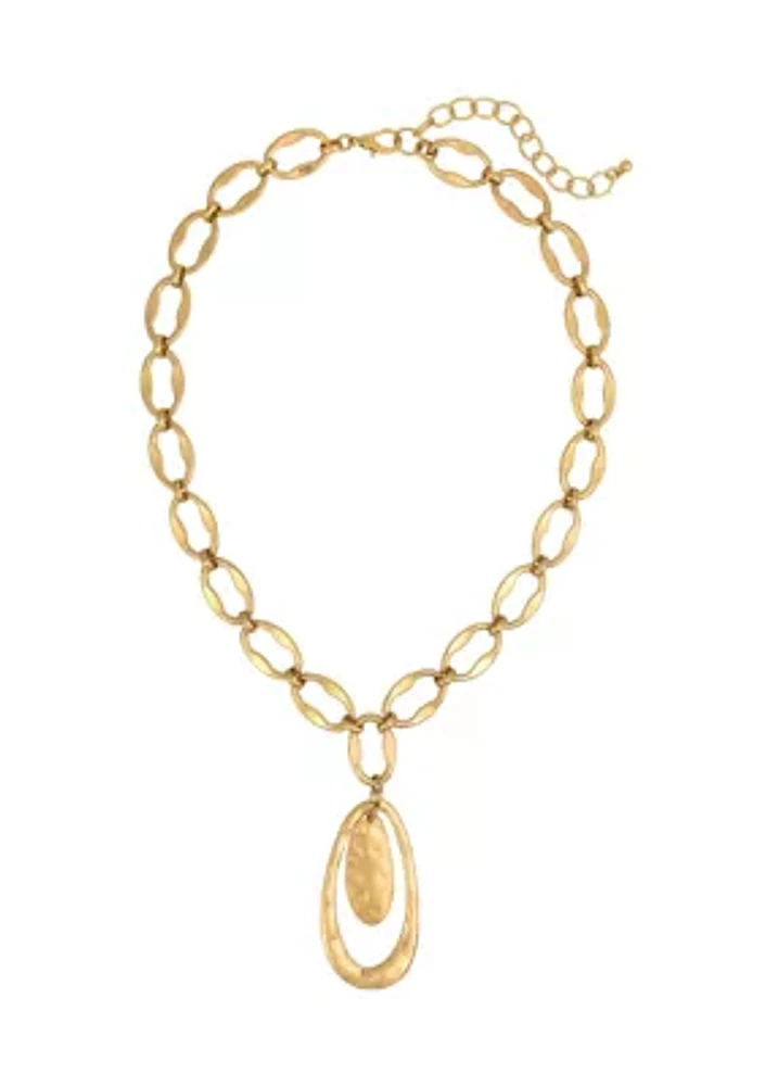 Gold Tone Oval Open Link Orbital Pendant Necklace