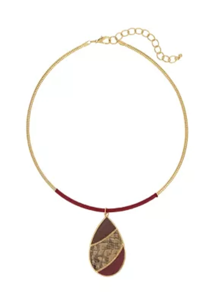 Gold Tone Burgundy Thread Wrapped Frontal Pendant Necklace