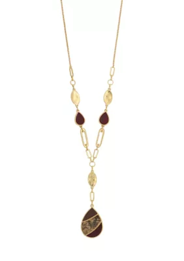 Gold Tone Linked Berry/Neutral Leather Teardrop Y Necklace