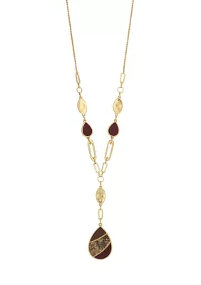 Gold Tone Linked Berry/Neutral Leather Teardrop Y Necklace