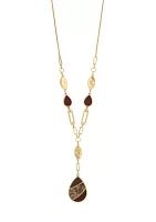 Gold Tone Linked Berry/Neutral Leather Teardrop Y Necklace