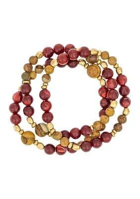 Gold Tone Berry/Neutral Beaded Multi Row Bracelet Set