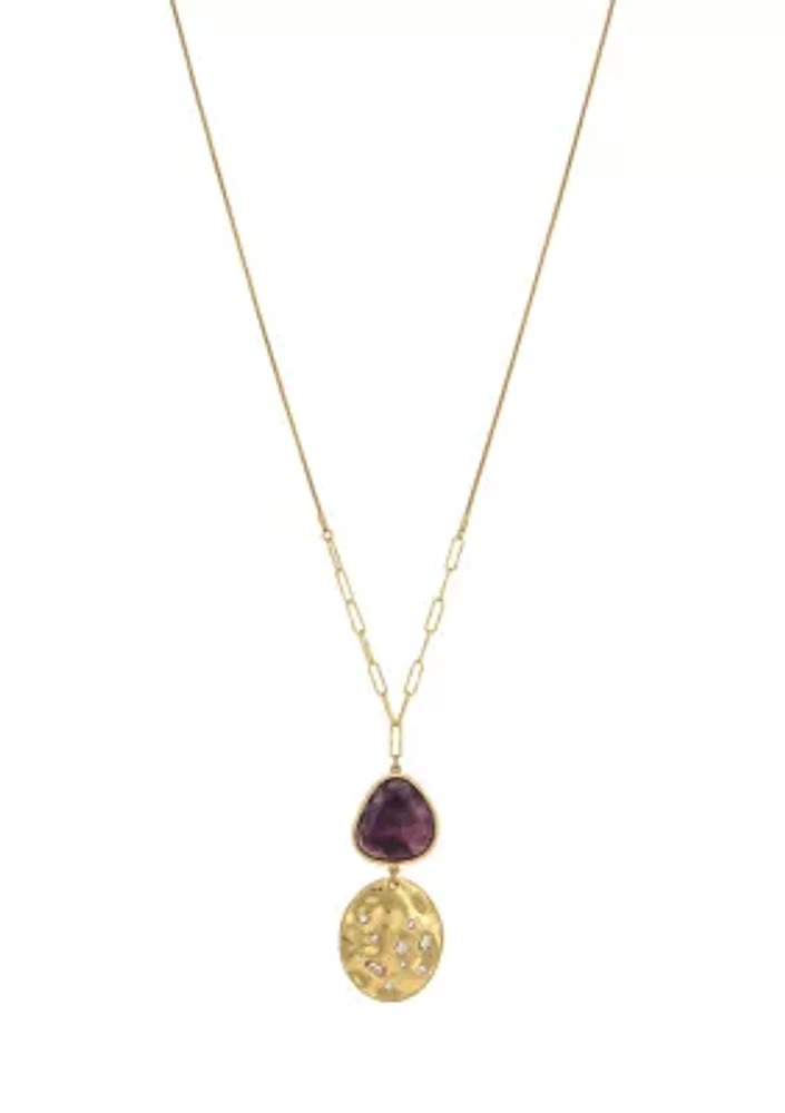 Gold Tone Long Chain with Oval Disc and Purple Stone Pendant Drop Necklace