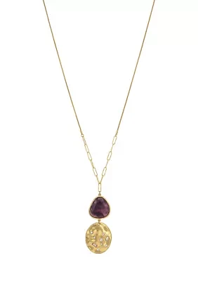 Gold Tone Long Chain with Oval Disc and Purple Stone Pendant Drop Necklace